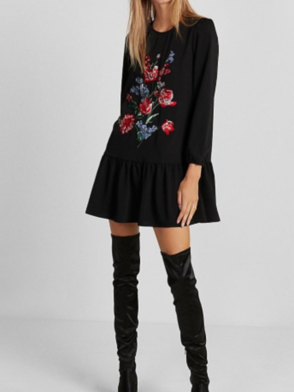 Express Floral Embroidered Drop-Waist Dress • Size L NWT